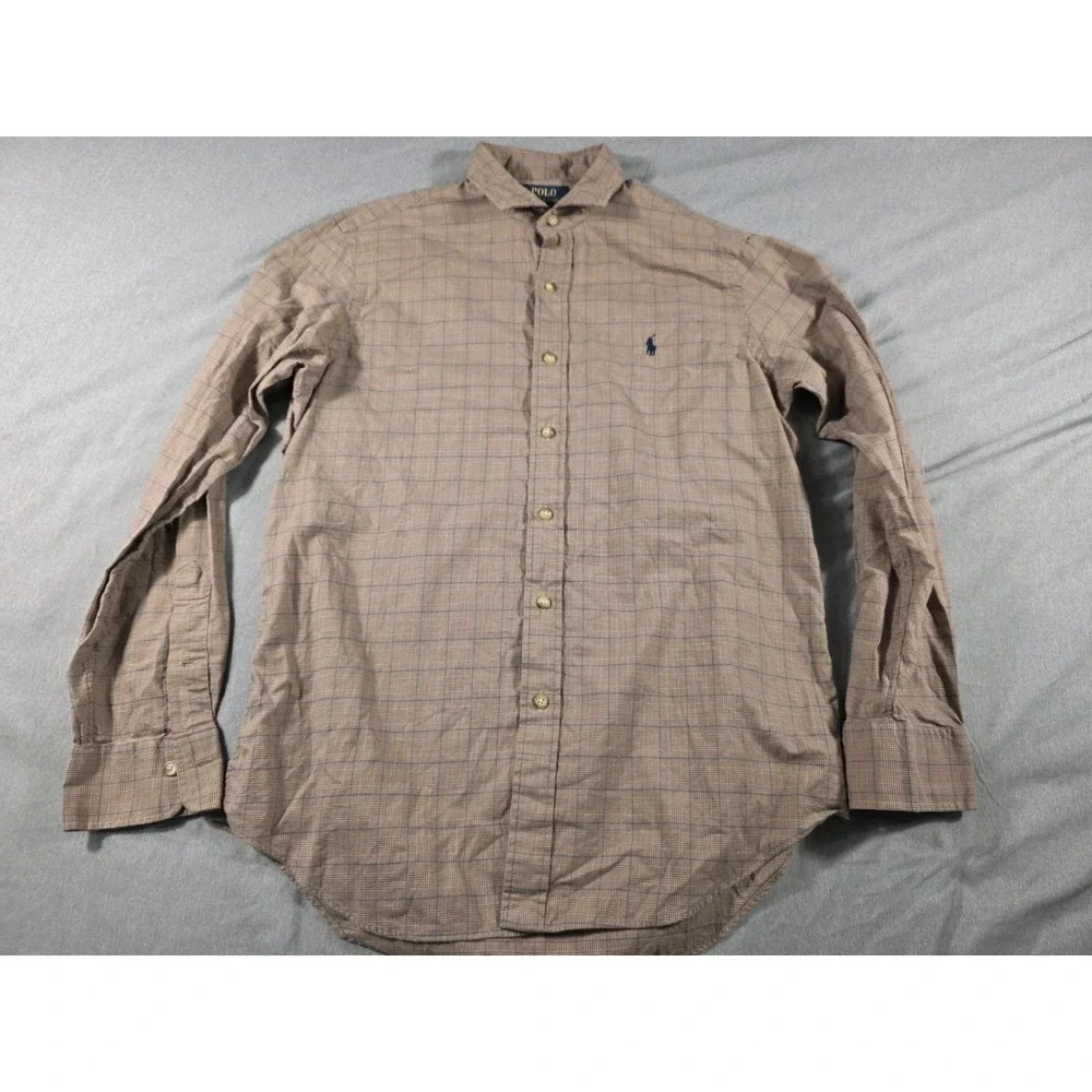 Polo Ralph Lauren Button Up Shirt‎ Mens Medium Brown Glen Plaid Pattern